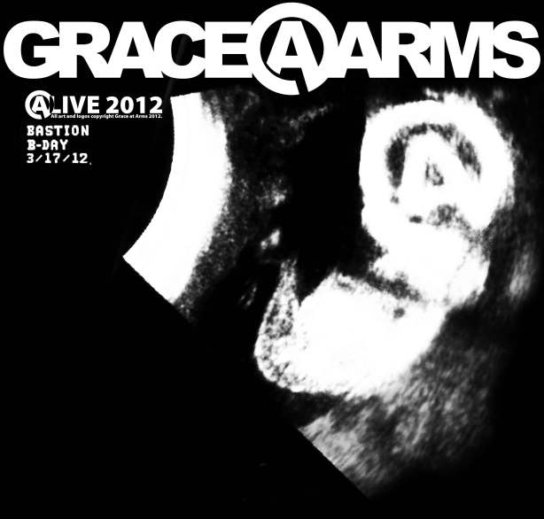 Artwork designed by Bastion Crider of Grace at Arms (GRACE@ARMS) for a Grace at Arms t-shirt commemorating Bastion's and Chrysalis' birthday ("B-Day)".  All art, design, logos, "I CAME HERE TO ROCK", @LIVE 2012, and B-DAY are copyright 2012 by Grace at Arms, Bastion Crider, Greg Crider LLC.